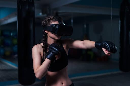 woman making a virtual reality workout in a virtual reality gym