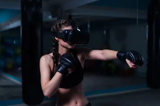 woman making a virtual reality workout in a virtual reality gym